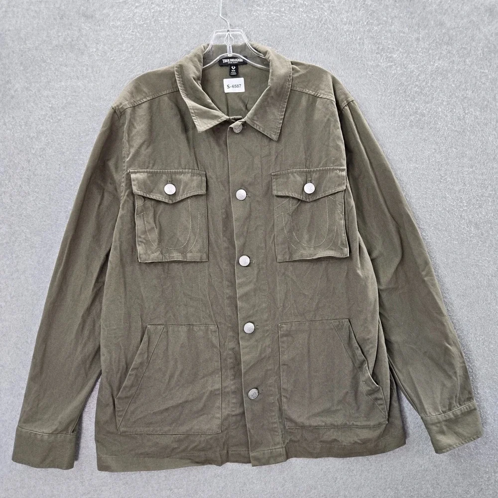 True Religion Men Jacket Medium Green Military Logo Buddha‎ Long Sleeve
